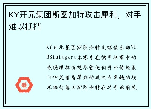 KY开元集团斯图加特攻击犀利，对手难以抵挡