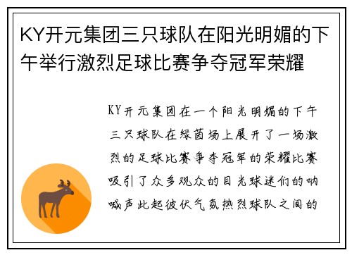 KY开元集团三只球队在阳光明媚的下午举行激烈足球比赛争夺冠军荣耀