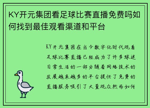 KY开元集团看足球比赛直播免费吗如何找到最佳观看渠道和平台